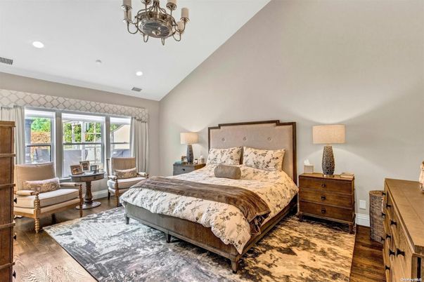 Bedroom, Chandelier, Interior, Recessed Lighting, Wood Texture Flooring