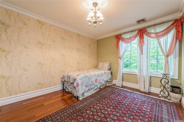 Bedroom, Chandelier, Interior, Wood Texture Flooring
