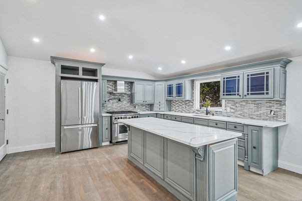 Interior, Kitchen, Recessed Lighting, Stainless Steel Appliances, Wood Texture Flooring