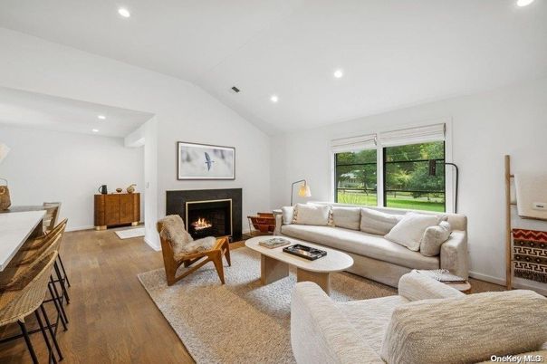 Fireplace, Interior, Living room, Recessed Lighting, Wood Texture Flooring
