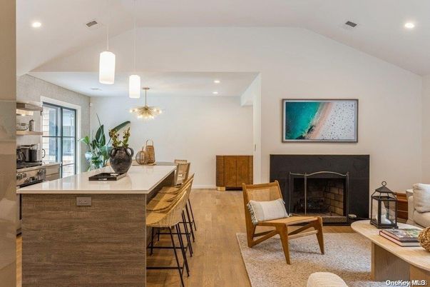 Fireplace, Interior, Kitchen, Pendant Lights, Recessed Lighting, Wood Texture Flooring