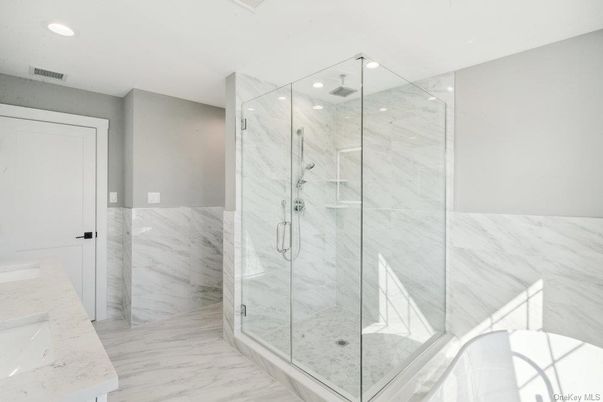 Bathroom, Glass Shower, Interior, Marble, Marble Walls, Recessed Lighting