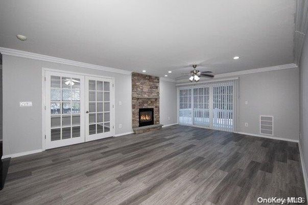 Empty room, Fireplace, Interior, Recessed Lighting, Wood Texture Flooring