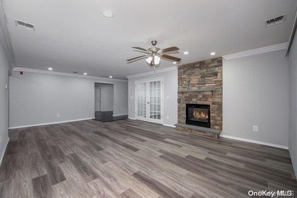 Empty room, Fireplace, Interior, Recessed Lighting, Wood Texture Flooring