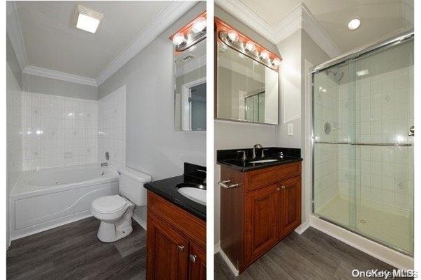 Bathroom, Glass Shower, Interior, Recessed Lighting, Wood Texture Flooring