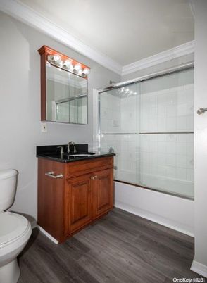 Bathroom, Glass Shower, Interior, Wood Texture Flooring