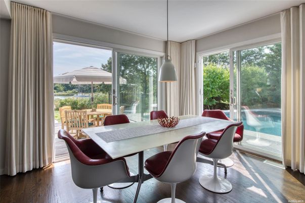 Dining room, Interior, Pendant Lights, Wood Texture Flooring
