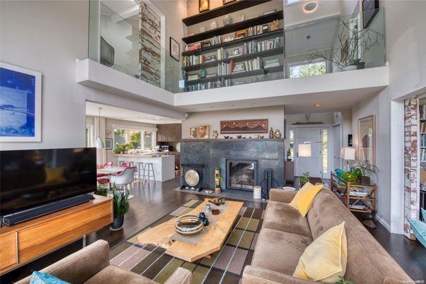 Dining room, Fireplace, Interior, Kitchen, Living room, Pendant Lights, Recessed Lighting, Wood Texture Flooring