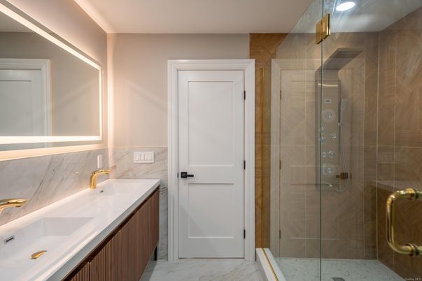 Bathroom, Glass Shower, Interior, Marble, Marble Walls, Recessed Lighting