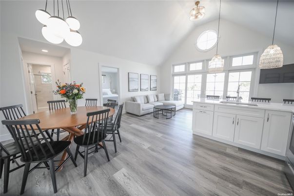 Dining room, Interior, Kitchen, Living room, Pendant Lights, Wood Texture Flooring