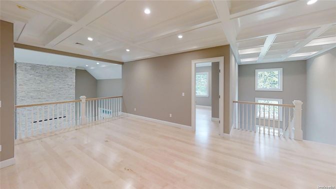 Empty room, Interior, Recessed Lighting, Stone Walls, Wood Texture Flooring