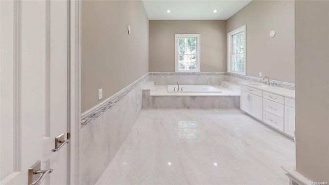 Bathroom, Dual Sink Vanities, Interior, Marble, Recessed Lighting
