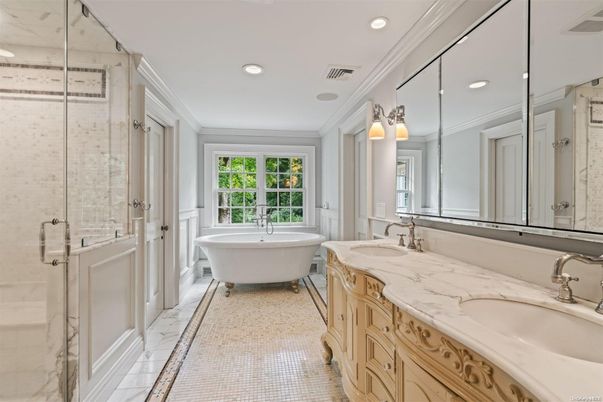 Bathroom, Dual Sink Vanities, Free Standing Baths, Glass Shower, Interior, Marble, Recessed Lighting