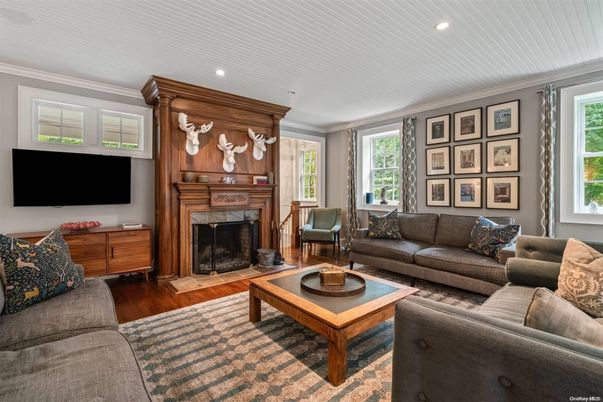 Fireplace, Interior, Living room, Recessed Lighting, Wood Texture Flooring