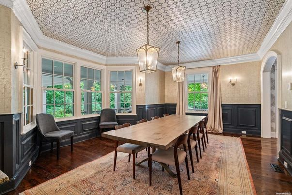 Dining room, Fireplace, Interior, Pendant Lights, Wood Texture Flooring