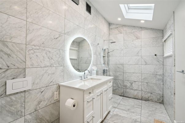 Bathroom, Glass Shower, Interior, Marble, Marble Walls, Recessed Lighting