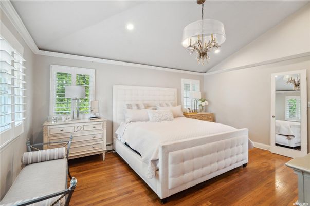 Bedroom, Chandelier, Interior, Recessed Lighting, Wood Texture Flooring