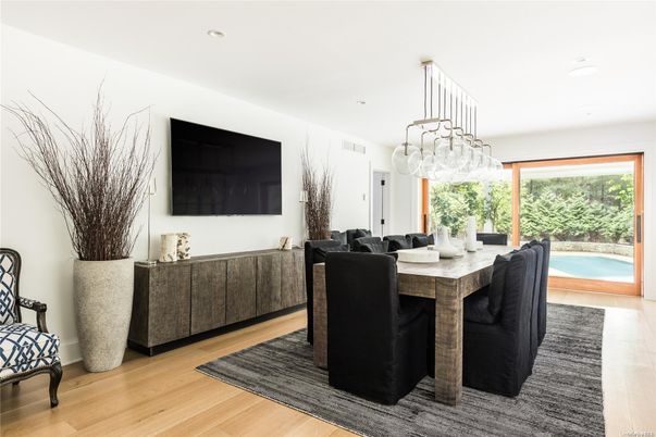 Dining room, Interior, Pendant Lights, Recessed Lighting, Wood Texture Flooring