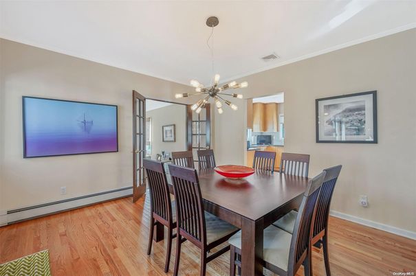 Dining room, Interior, Pendant Lights, Wood Texture Flooring