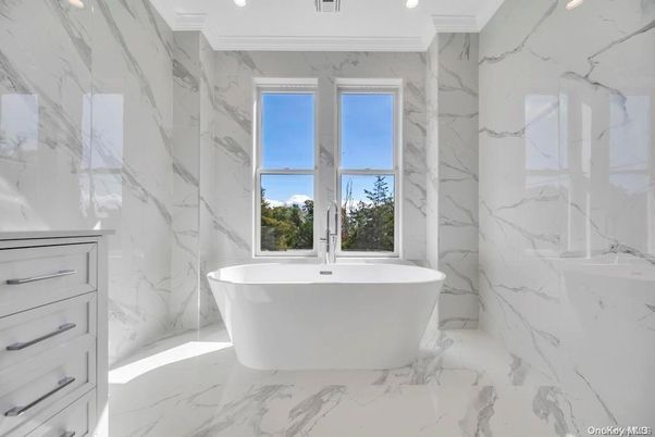 Bathroom, Free Standing Baths, Interior, Marble, Marble Walls, Recessed Lighting