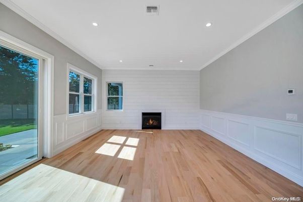Empty room, Fireplace, Interior, Recessed Lighting, Wood Texture Flooring
