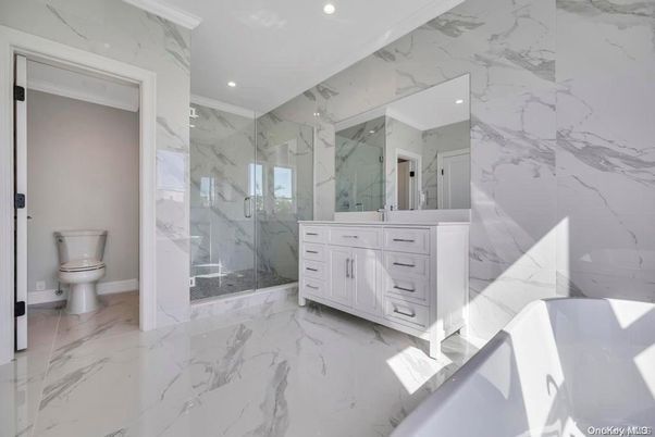Bathroom, Glass Shower, Interior, Marble, Marble Walls, Recessed Lighting