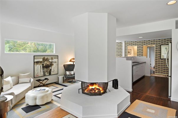 Fireplace, Interior, Living room, Recessed Lighting, Wood Texture Flooring