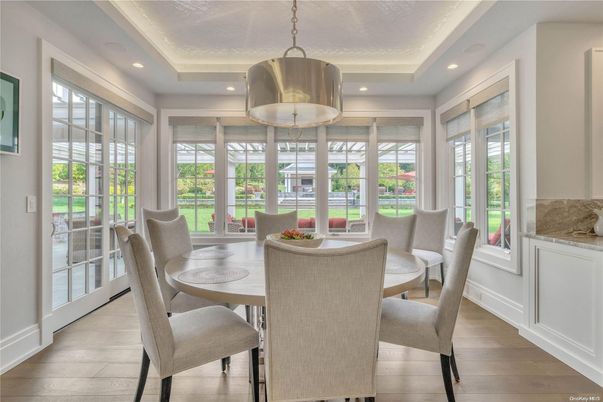 Dining room, Interior, Pendant Lights, Recessed Lighting, Wood Texture Flooring