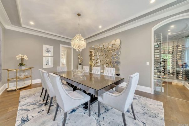 Chandelier, Dining room, Interior, Recessed Lighting, Wine Storage, Wood Texture Flooring