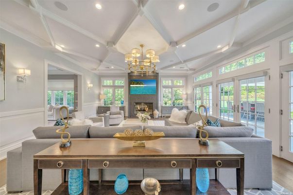 Chandelier, Fireplace, Interior, Living room, Recessed Lighting, Wood Texture Flooring