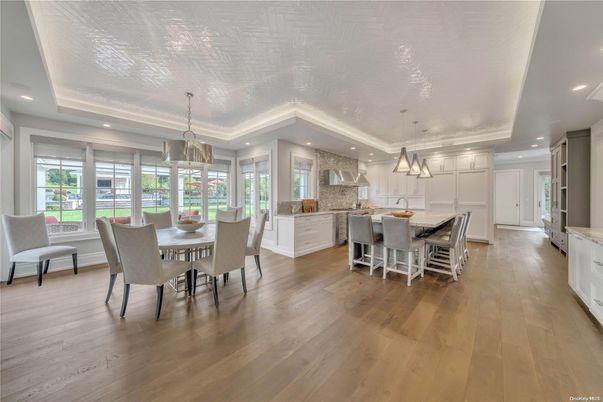 Dining room, Interior, Kitchen, Pendant Lights, Recessed Lighting, Wood Texture Flooring