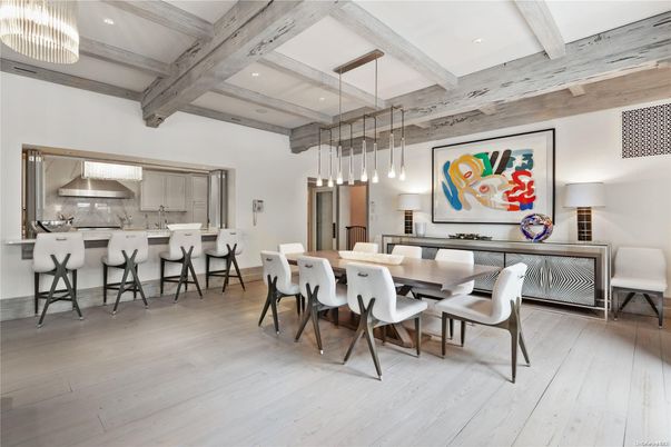 Dining room, Interior, Kitchen, Pendant Lights, Recessed Lighting, Stainless Steel Appliances, Wooden Beams, Wood Texture Flooring