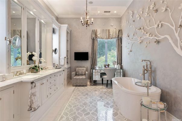 Bathroom, Chandelier, Dual Sink Vanities, Free Standing Baths, Interior, Pendant Lights, Recessed Lighting