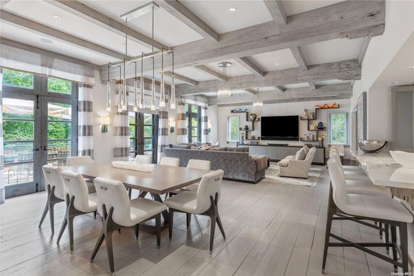 Dining room, Interior, Living room, Pendant Lights, Recessed Lighting, Wooden Beams, Wood Texture Flooring