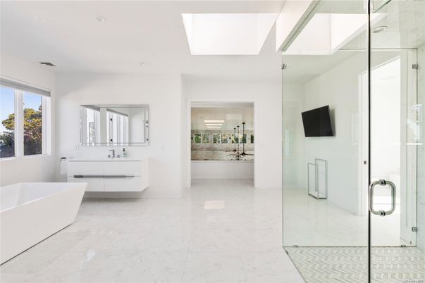Bathroom, Free Standing Baths, Glass Shower, Interior, Marble, Recessed Lighting