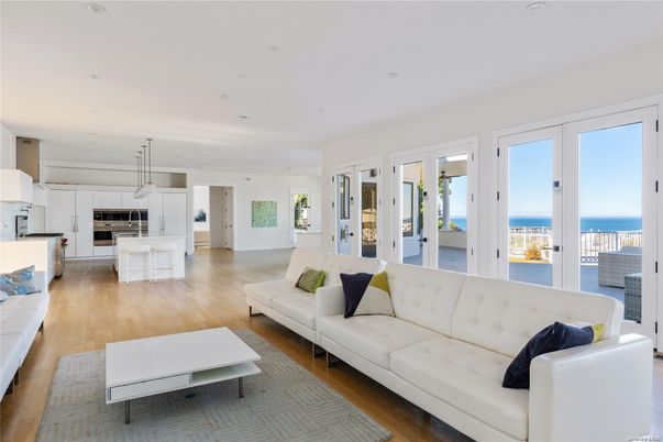 Interior, Kitchen, Living room, Pendant Lights, Recessed Lighting, Stainless Steel Appliances, Water, Wood Texture Flooring