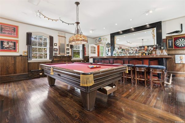 Billiard Table, Game Room, Interior, Pendant Lights, Recessed Lighting, Wood Texture Flooring