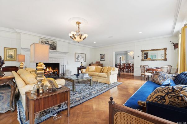 Chandelier, Dining room, Fireplace, Interior, Living room, Recessed Lighting, Wood Texture Flooring