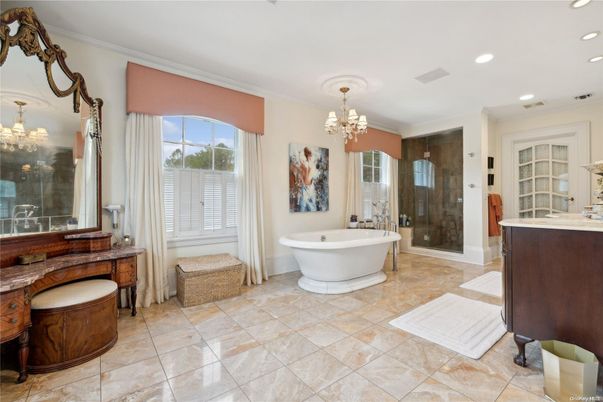 Bathroom, Chandelier, Free Standing Baths, Glass Shower, Interior, Recessed Lighting
