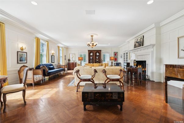 Chandelier, Dining room, Fireplace, Interior, Living room, Recessed Lighting, Wood Texture Flooring