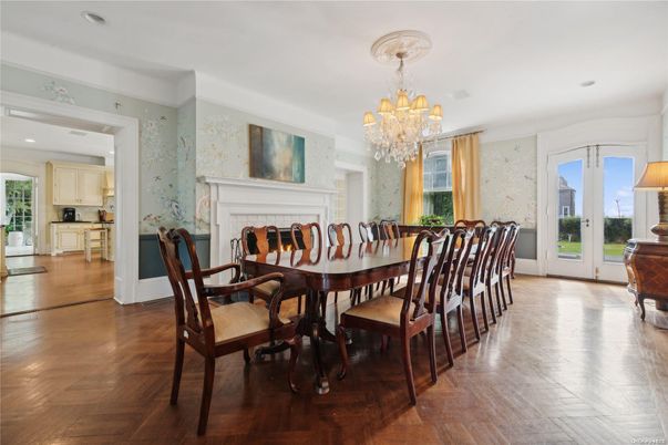 Chandelier, Dining room, Fireplace, Interior, Kitchen, Recessed Lighting, Wood Texture Flooring