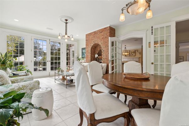 Dining room, Fireplace, Interior, Living room, Pendant Lights, Recessed Lighting, Stone Walls