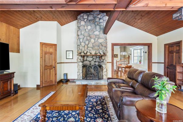 Dining room, Fireplace, Interior, Living room, Stone Walls, Wooden Beams, Wooden Ceilings, Wood Texture Flooring