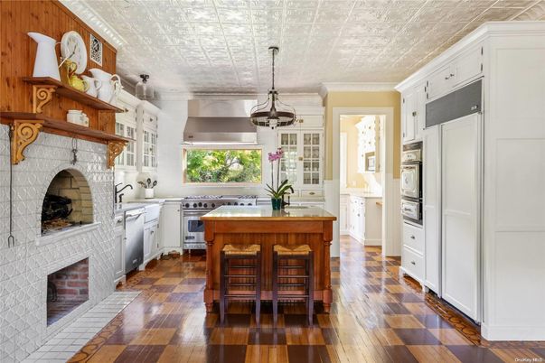 Fireplace, Interior, Kitchen, Pendant Lights, Wood Texture Flooring