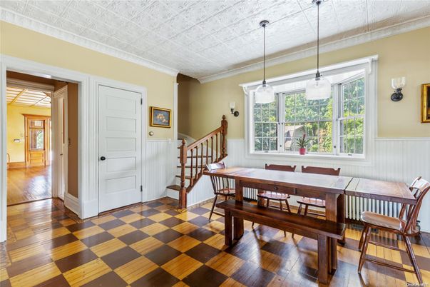 Dining room, Interior, Pendant Lights, Wood Texture Flooring