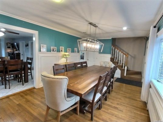Dining room, Interior, Pendant Lights, Recessed Lighting, Wood Texture Flooring