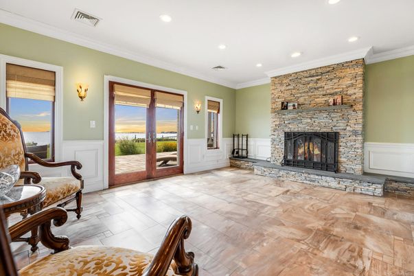 Fireplace, Interior, Recessed Lighting, Stone Walls