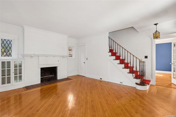 Empty room, Fireplace, Interior, Pendant Lights, Wood Texture Flooring