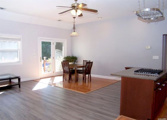 Dining room, Interior, Kitchen, Pendant Lights, Recessed Lighting, Wood Texture Flooring