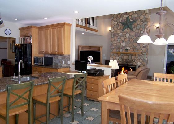 Dining room, Fireplace, Interior, Kitchen, Pendant Lights, Recessed Lighting, Stone Walls